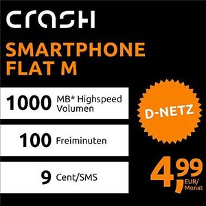 crash Flat M smartphone met 1 GB internet flat max. 21,6 Mbps, 100 minuten vrij voor alle Duitse netwerken, EU roaming, looptijd 24 maanden, slechts 4,99 euro per maand.