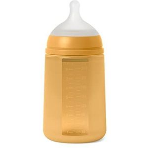 Suavinex, Fles met siliconen fles en symmetrische speen SX Pro, zacht en flexibel, met anti-koliek ventiel, medium flow flesje (M), voor baby's + 3 maanden. Colour Essence, mosterd