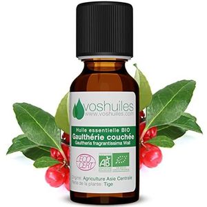 Huile Essentielle BIO de Gaulthérie couchée - 100% Pure et Naturelle - HEBBD et ECOCERT - Utilisation en Massage - Parfum Stimulant et Aromatique - 10ml - VOSHUILES