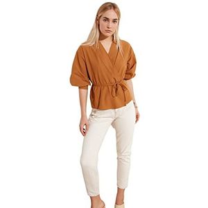 Trendyol Dames Standaard geweven Blouse V-hals Camel 68, Kameel.