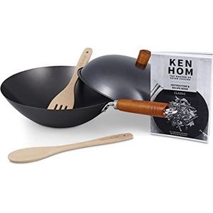 Ken Hom KH331051 wok uit koolstofstaal, 31 cm, klassiek, set van 5 stuks/wok met stalen deksel, niet vaatwasmachinebestendig