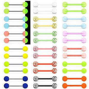 MixPiercing 36 stuks Glow In Dark Plastic Tepel Tong Bars Bioflex Acryl Rubber Neon Glitter Heldere Tong Tepel Piercing Sieraden 16mm 1,6mm Rechte Barbell Voor Dames Heren, Acryl