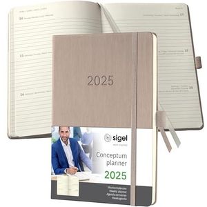 SIGEL Conceptum C2560 Agenda semainier 2025, env. A5, taupe, couverture rigide, 192 pages, élastique, passant pour stylo, pochette d'archives, certifié PEFC, Conceptum