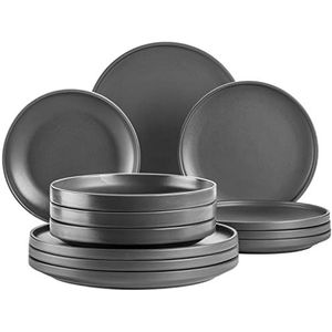 MÄSER Serie Vada Set van 12 moderne borden voor 4 personen van duurzaam porselein mat grijs