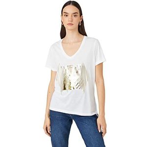 Koton T-shirt Relax Fit col en V à manches courtes pour femme, Blanc cassé (001), XL
