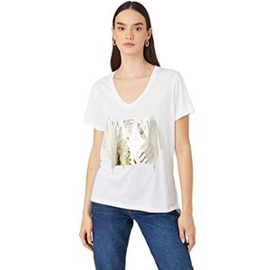 Koton T-shirt Relax Fit col en V à manches courtes pour femme, Blanc cassé (001), M