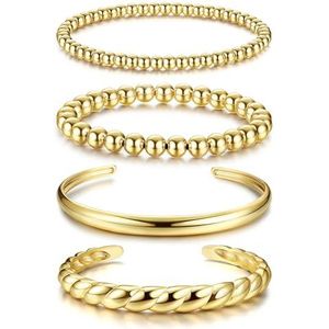 FIOROYAL 14 karaat gouden armband set voor dames - Stapelbare verstelbare gedraaide armband - CZ manchet armband - rekbare kralen armband - goud, Koper, Kubieke zirkonia