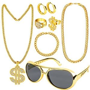 Dreamtop 8 stuks gouden dollar kettingen ketting met retro ring zonnebril armband hiphop oorbellen hiphop sieraden jaren 80 90 miljonair goud heren carnaval kunststof, Kunststof