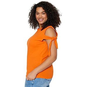 Trendyol T-shirt en tricot à col rond pour femme, coupe régulière, orange, 4XL, Orange, 4XL