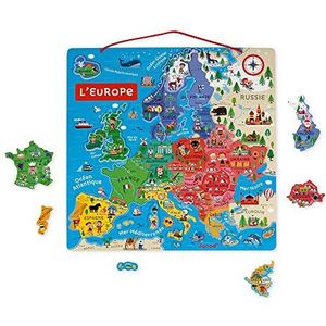 Janod - Magnetische Europese kaart van hout, 40 stukjes, educatieve puzzel voor het ontdekken van aardrijkskunde, om aan de muur te hangen - versie - vanaf 7 jaar, J05476