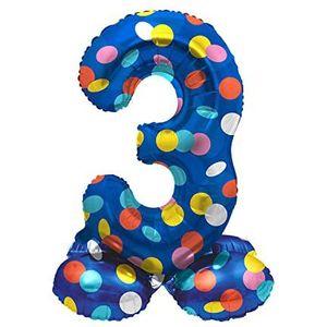 Folat 64783 verjaardagsballon cijfers staand 3 kleurrijke stippen blauw met gekleurde stippen 41 cm verjaardagsdecoratie ballonnummer geen helium nodig, meerkleurig