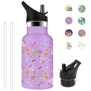 Grsta Drinkfles voor kinderen, 350 ml, thermosfles, metalen fles, BPA-vrij, fles met rietje, lekvrij, gemakkelijk mee te nemen, waterfles, koffie, thee, melk, paars