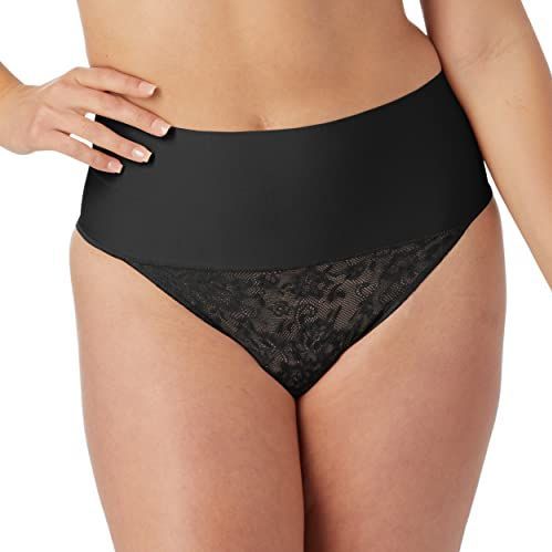 Maidenform Dames Tame Your Tummy Shaping Lace Thong met Cool Comfort, Zwart, Medium, Kant Zwart, M, Zwart kant