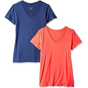 Amazon Essentials Dames Tech Stretch T-shirts met korte mouwen en V-hals (verkrijgbaar in grote maten), koraaloranje/marineblauw, maat M