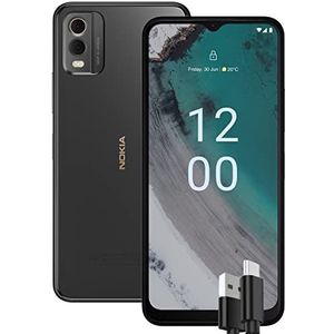 Nokia C32 Smartphone 4G 64 GB, 4 GB RAM, 50 MP dubbele camera, 6,52 inch HD+ display, Android 13, 5000 mAh batterij, dual sim, houtskoolzwart, versie met extra USB Type-C kabel