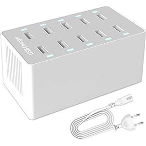 USB-oplader, 50 W, 10 USB-aansluitingen, met intelligente detectietechnologie, meerdere USB-stroombron tegelijk, geschikt voor smartphones, hoofdtelefoons, tablets enz.