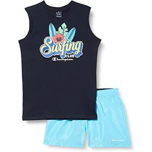 Champion Legacy Back to The Beach Graphic S/L T-shirt en strandshorts kostuum kinderen en jongens (blauw marino/celeste), 13-14 jaar, Blu Marino / Celeste