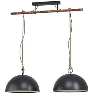 EGLO Hodsoll hanglamp, vintage hanglamp met 2 fittingen, industrieel, retro, hanglamp van staal, hout en touw in zwart, crème en bruin, eettafellamp, woonkamerlamp, hangend met E27-fittingen
