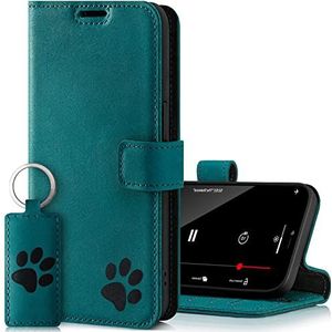 SURAZO Prestige Samsung Galaxy S22 Ultra 5G hoes, echt lederen beschermhoes met pootafdruk, vintage flipcase met standfunctie, kaartenvak en sleutelhanger, handgemaakt RFID (turquoise)