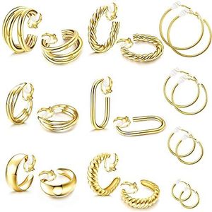 JeweBella 10 paar oorbellen clip voor dames en meisjes, 14 K goud, chunky, creolen, zonder doorboorde oren, hypoallergeen, geen piercing, twist, oorbellen set, Kristal