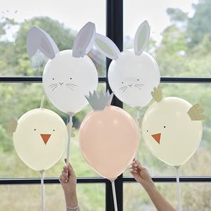 Ginger Ray Paasballonnen op stokken, konijn, kuiken en wortelen met bedrukte gezichten en 3D-kaart. Eigenschappen: 5 ballonnen