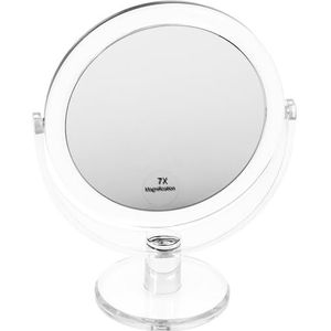 Staande spiegel rond dubbelzijdig normaal en 7x vergroting make-up spiegel diameter 16 cm hoogte 22 cm metaal/acryl