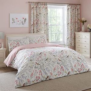 Dreams & Drapes - Roze dekbedovertrek met bloemen en vogel - Super King Size (260 x 220 cm) - Omkeerbaar (2 motieven) - 3-delig - Vintage bloemenbeddengoed in roze - Dekbedovertrek Lente
