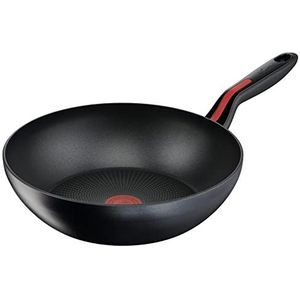 Lagostina Rode wok lijn met antiaanbaklaag van aluminium, Ø 28 cm, inductiepan, gas en oven tot 175 °C, thermosignaal kookindicator, antislip siliconen handgrepen