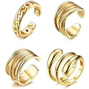 CASSIECA 4 stuks dikke ringenset voor dames en heren, verguld, gevlochten ring, twisted zegelring, verstelbaar, minimalistisch, stapelbare duimring, goud