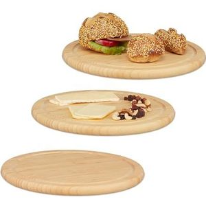 Relaxdays ontbijtplankjes bamboe - set van 3 - ronde snijplanken - houten broodplankjes