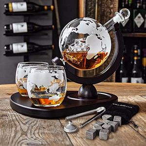 Mikamax - Globe Decanter Deluxe Set - Prestige Decanter Globe en zijn 2 glazen - Whisky karaf set - incl. 2 whiskyglazen - 850 ml - transparant - karaf van glas