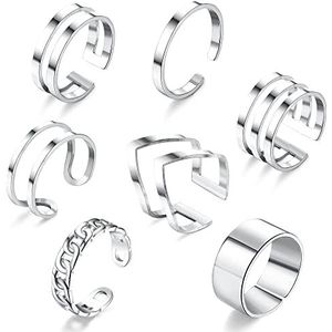 JeweBella Set van 7 ringen voor dames en meisjes, roestvrij staal, zilver/goud/roségoud, stapelbaar, modesieraad, cadeau, Roestvrij staal