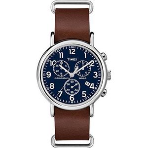 Timex Weekender chronograaf 40 mm herenhorloge, Bruin leer om aan te trekken, blauw, Riem