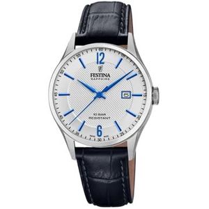 Festina Uniseks volwassenen analoog kwarts horloge met leren band F20007/2, zilver/zwart/blauw, groot, armband, zilver/zwart/blauw, Armband