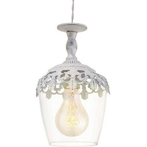 EGLO Sudbury Hanglamp, retro en vintage hanglamp met 1 lichtpunt, hanglamp van staal en glas in wit-patina, helder, eettafellamp, woonkamerlamp hangend met E27-fitting