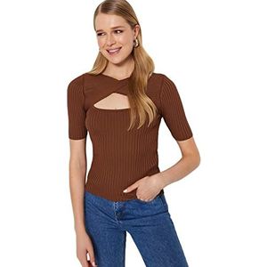 Trendyol Pull pour femme Slim Fit Basic avec col en V, marron, S, marron, S