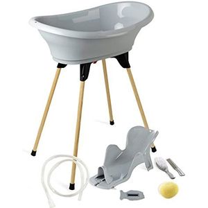 THERMOBABY - Babybadpakket Vasco 7-in-1 grijs – badkuip + voet + afvoer + verstelbare badstoel + thermometer + spons + borstel en kam – gemaakt in Frankrijk