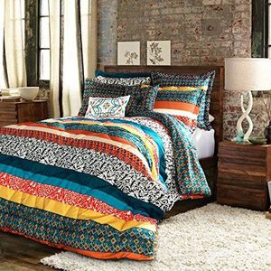 Lush Decor 7-delige Boho Stripe Comforter Set, Full/Queen, Turquoise/Tangerine