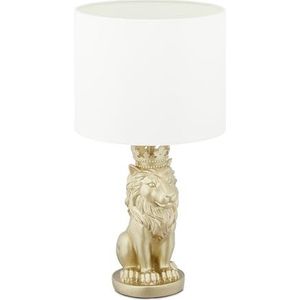 Relaxdays Leeuw tafellamp, nachtlampje met stoffen lampenkap E27, mooi bedlampje, h x d 47,5 x 25 cm, wit/goud