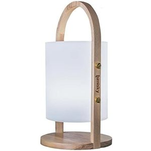 Lumisky Witte tuinlantaarn met houten handvat op WOODY batterij LED-lamp rotomolled diameter 19xH37 cm