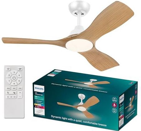 Philips Olas Plafondventilator, 3 vellen, klein (42 inch) 24 W led-licht, DC Motor, 3 kleurtemperaturen (3000 K, 4300 K, 6500 K) met dimfunctie, wit/huis, inclusief afstandsbediening