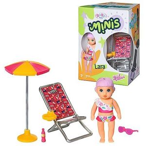 Zapf Creation Baby Born, Minipuppe, Baby Born Minis - Speelset Summertime, 7 cm grote pop Lara met Liegestuhl, Zonschuur en Flasche, 906132