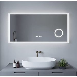 AQUABATOS® Badkamerspiegel met verlichting, digitale klok, 120 x 60 cm, led-wandspiegel met frame, cosmetische spiegel, dimbaar, touch-verwarming