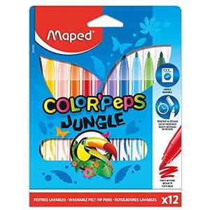 Maped Jungle Color'Peps Viltstiften, 12 stuks, wasbaar en droog, medium geblokkeerde punt, ideaal voor schoolbenodigdheden, kartonnen zakjes