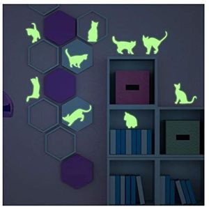 Lichtgevende stickers, zelfklevend, helder, 9 katten, wanddecoratie, fluorescerend, voor kinderen - 45 x 55 cm