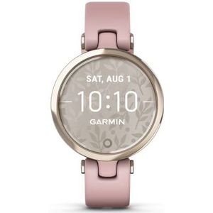 Garmin Lily, Sport Edition Smartwatch voor vrouwen met fitness- en gezondheidstracking, lange batterijduur, crèmegoud met roze armband, wijzerplaat 34 mm
