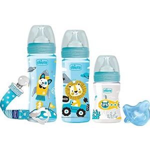 Chicco Flessenset - Chicco met well-being flessen 150 ml, 250 ml, 330 ml; PhysioForma siliconen fopspeen 0-6 maanden; fopspeenketting blauw