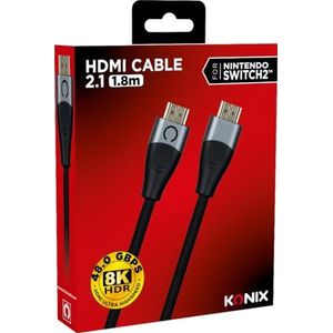 Konix Câble HDMI 2.1 pour Nintendo Switch 2 - Compatibilité 4K et 8K - Nylon tressé - Longueur 1,8 m - Noir