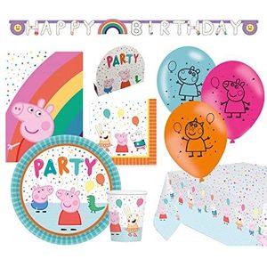 Amscan Peppa Pig 9907561-66 partyset, 56-delig, wegwerpservies en decoratie, dieren, varken, Peppa Pig, kinderverjaardag, themafeest