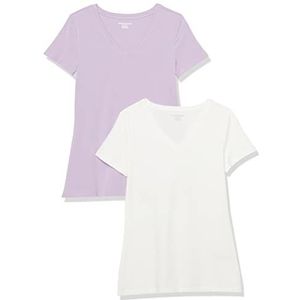 Amazon Essentials Dames-T-shirt, korte mouwen, V-hals, klassieke pasvorm, pastellila/wit, maat XS